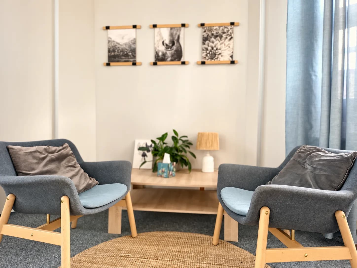 Dwa fotele zwrócone do siebie, stolik z rośliną i lampką